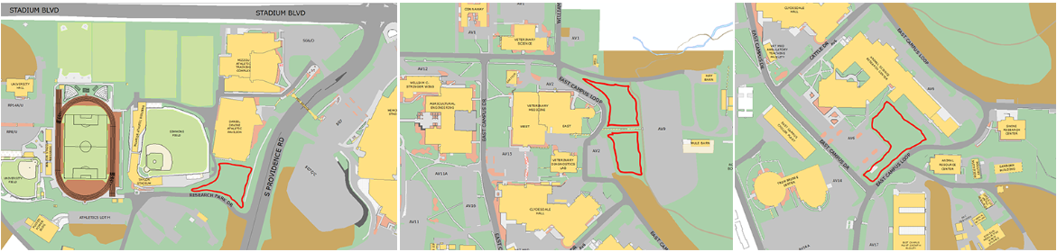 Targeted areas include, left to right, one acre near the Mizzou athletics training complex, and three acres on East Campus by the mule barn, center, and Animal Science Research Center at right.